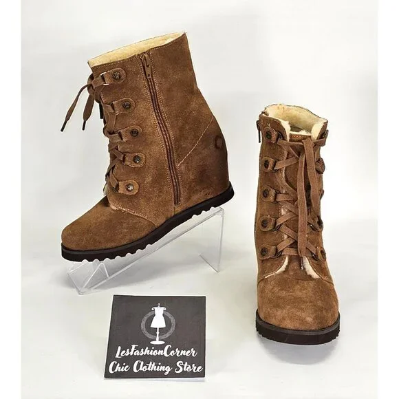 NWD Bearpaw Women's Brown Suede Bonnie Wedge Boot Zip Bootie Size 8 1809 - Picture 1 of 16